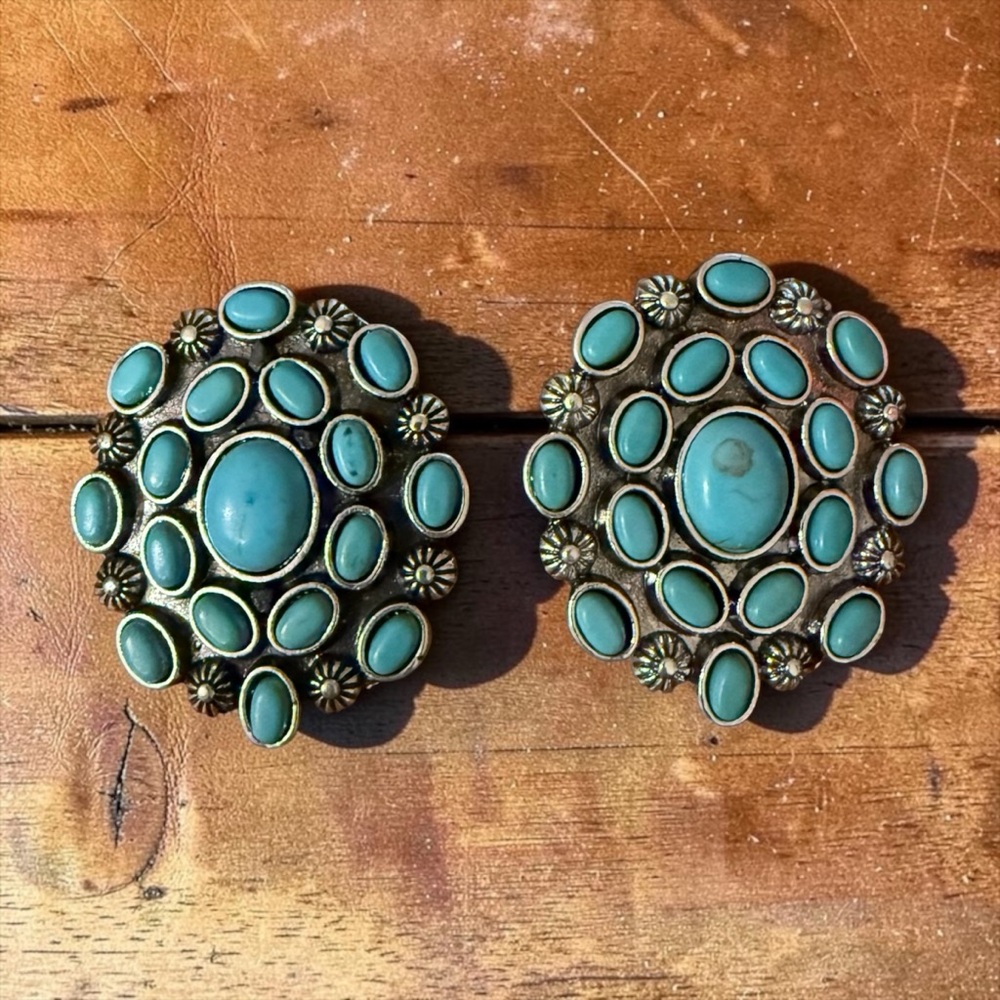 Western‎ Boho Faux Turquoise Concho Cluster Statement Earrings Festival Rodeo